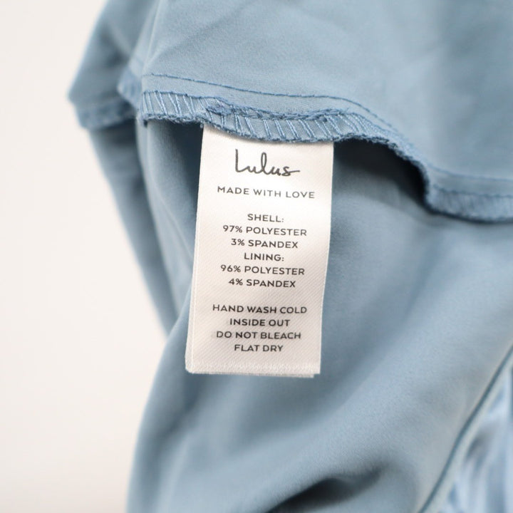 Lulus Going with Elegance Gown Dress Women Small Slate Blue Stretch Satin Tiered