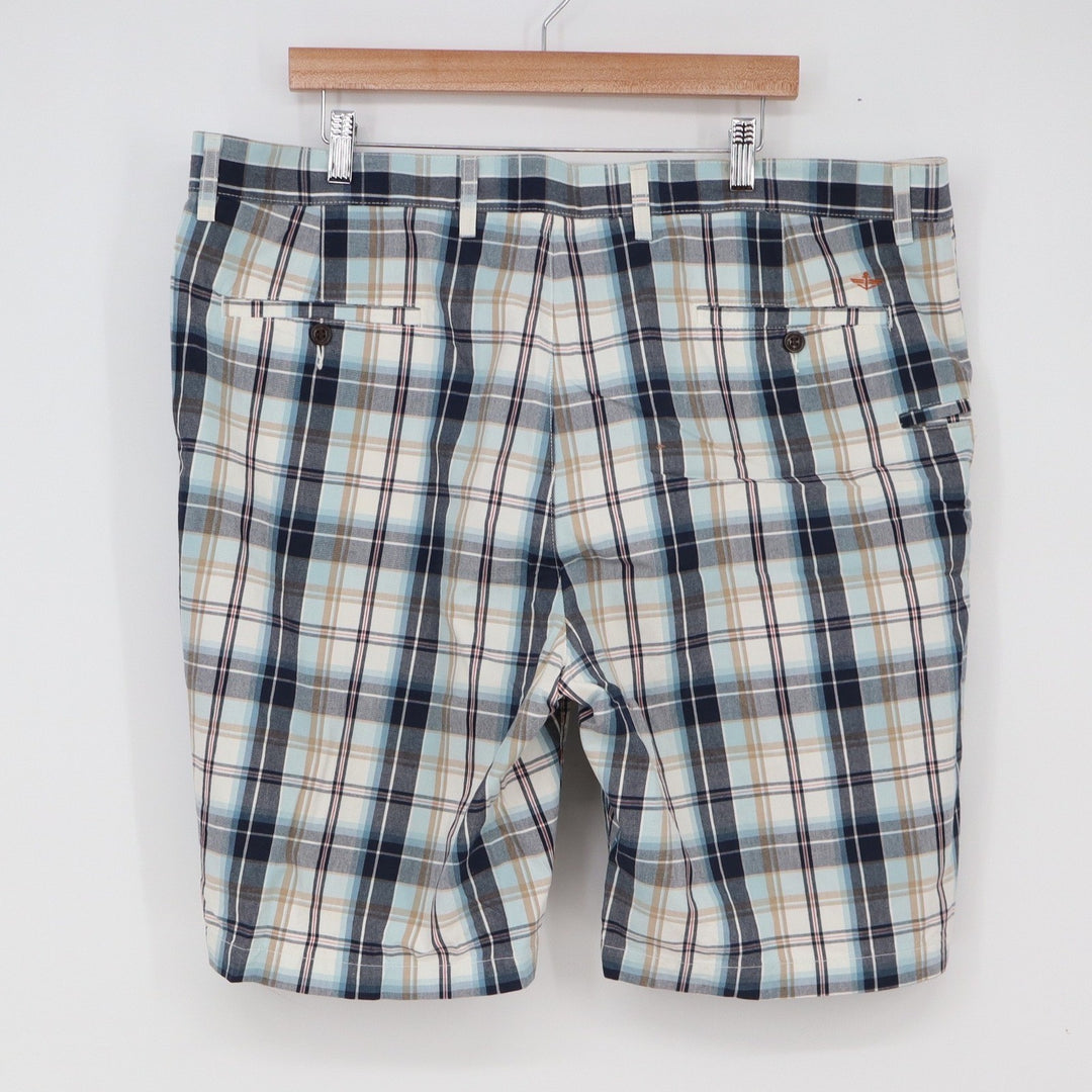 Dockers Shorts Mens 42 Plaid Blue White Tan Cotton Flat Front Excellent