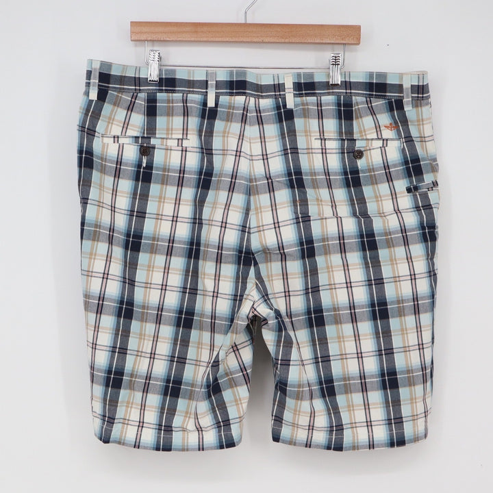 Dockers Shorts Mens 42 Plaid Blue White Tan Cotton Flat Front Excellent