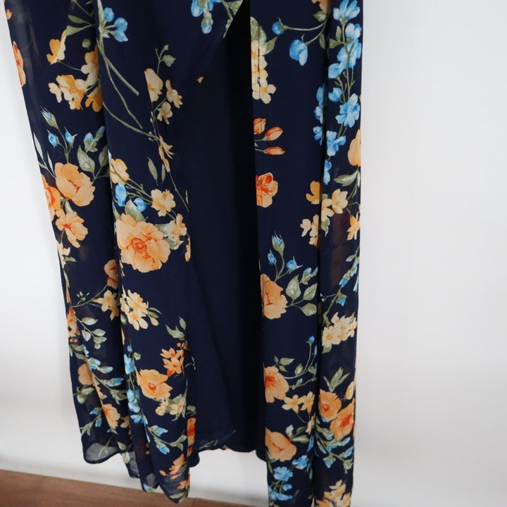 Lulus Elegant Admiration Maxi Dress Womens L Blue Floral One-Shoulder Front Slit