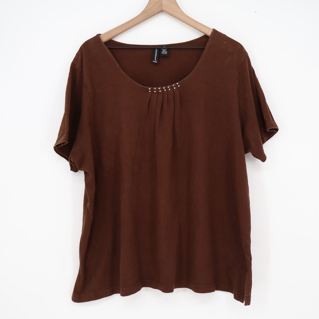 Jason Maxwell Woman Brown Cotton Short Sleeve Rhinestone Pleated Top 2X