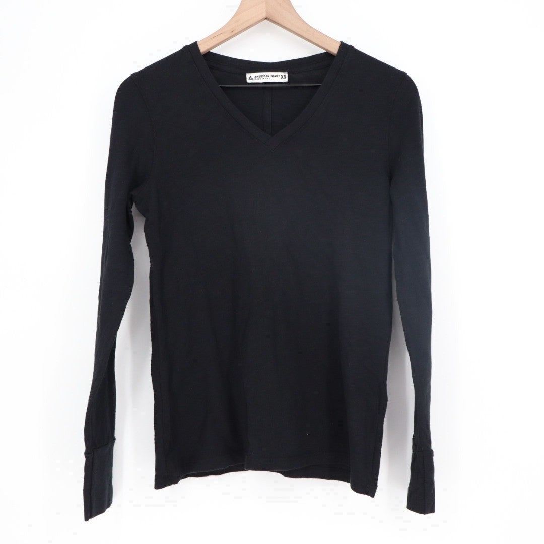 American Giant Black Long Sleeve V Neck T Shirt Made in USA Size XS