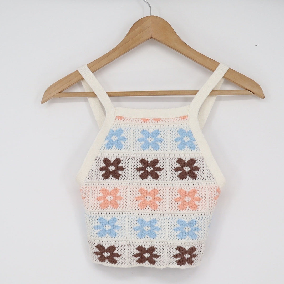 Hippie Rose Tank Top Womens XS Crochet Floral Multi Color Boho Cropped Excellent
