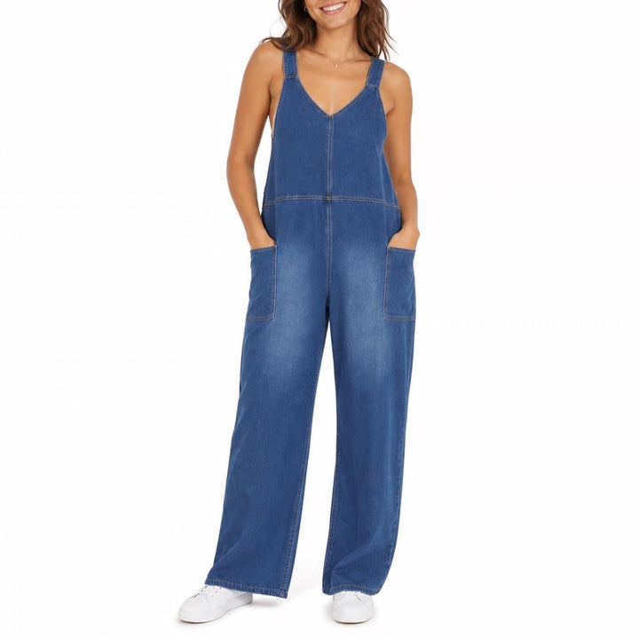 Halara Womens Medium Wash Denim Wide Leg V-Neck Overalls Size M Petite
