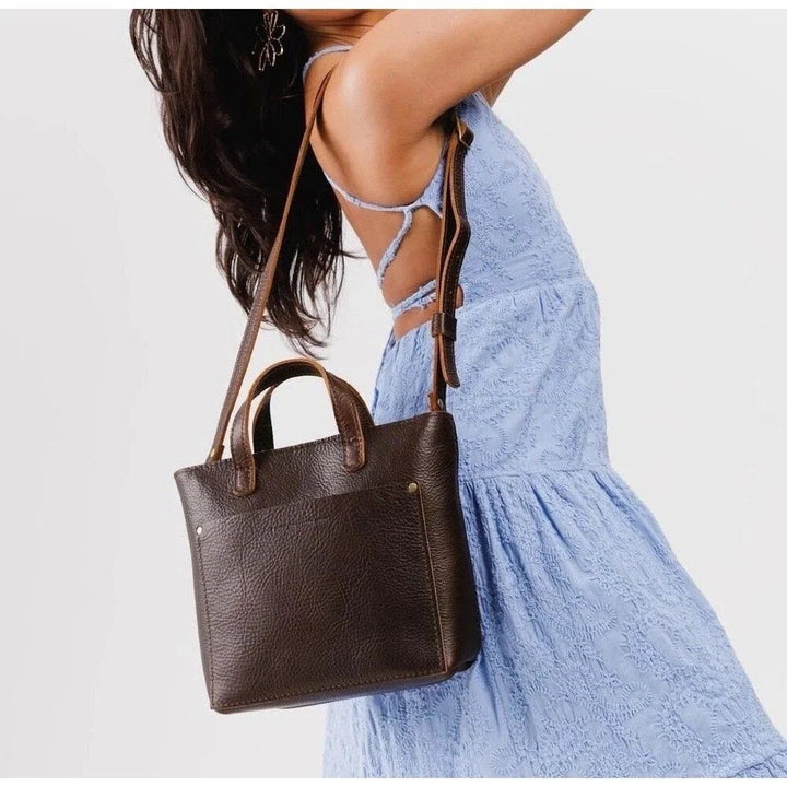 Portland Leather Goods Mini Crossbody Tote Womens Dark Brown Leather Pocket