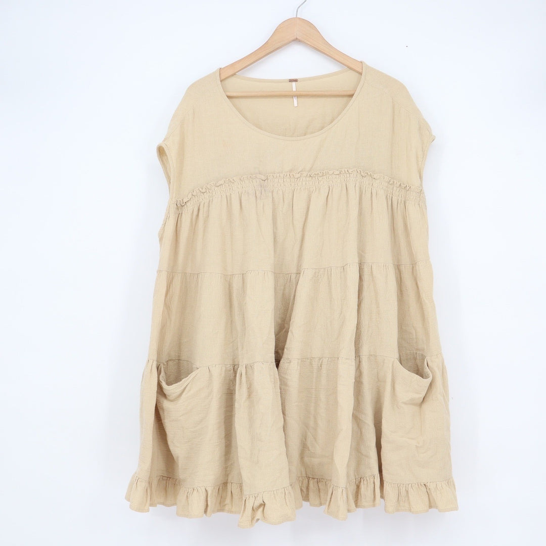 Free People Tan Beige Cotton Gauze Tiered Babydoll Mini Dress Sleeveless Small