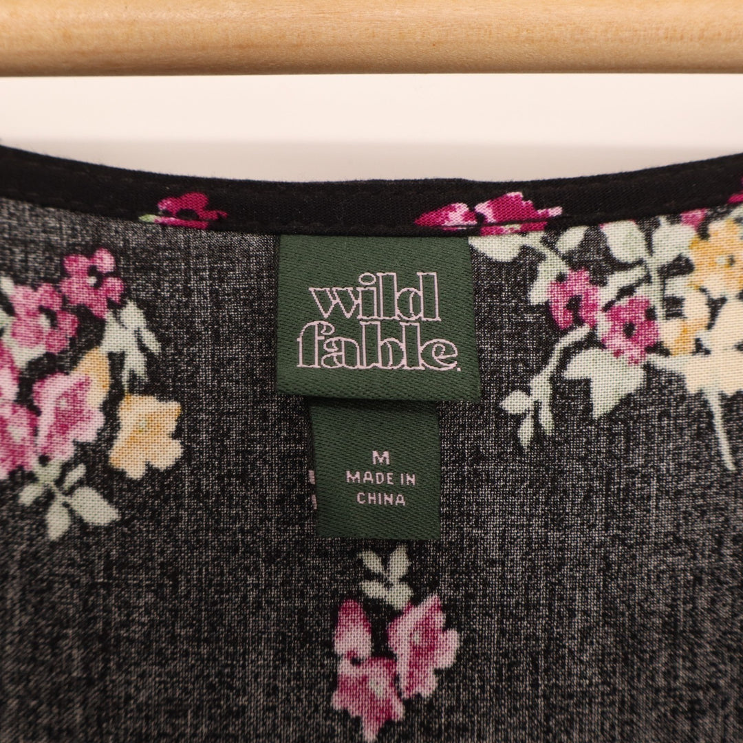 Wild Fable Mini Sundress Womens M Black Floral Pleated Scoop Neck Short Sleeve