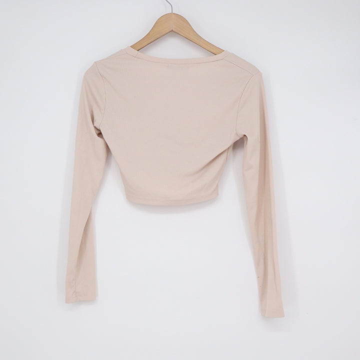 SHEIN Beige Ribbed Long Sleeve Scoop Neck Crop Top Size S Small