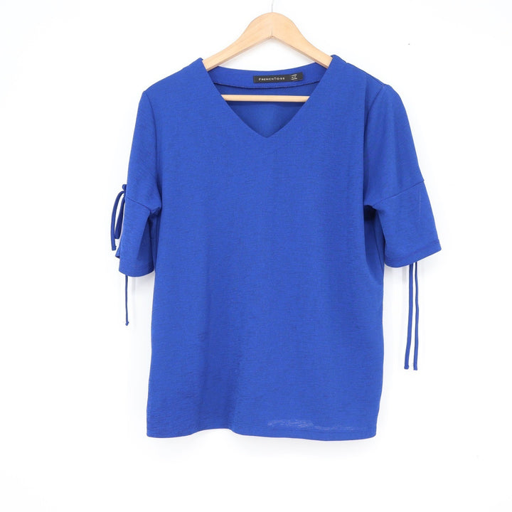 French Toss Womens Royal Blue V-Neck Short Sleeve Tie Detail Top Size Large