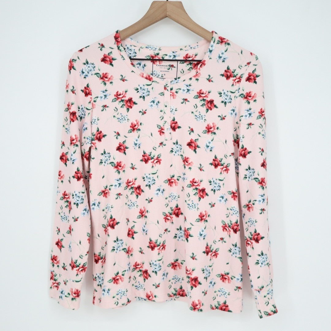 Charter Club Intimates Pajama Shirt Womens Small Pink Floral Knit Long Sleeve