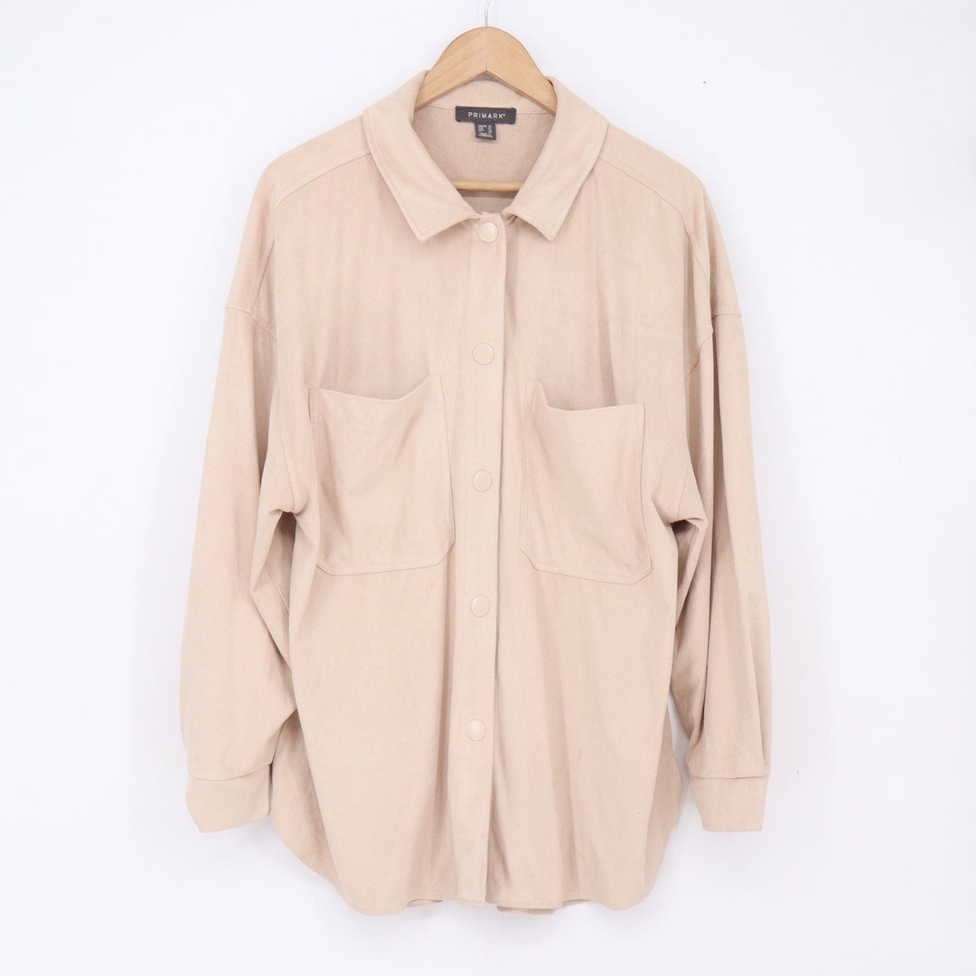 Primark Shacket Women 10 Oversized Beige Faux Suede Button-Down Good
