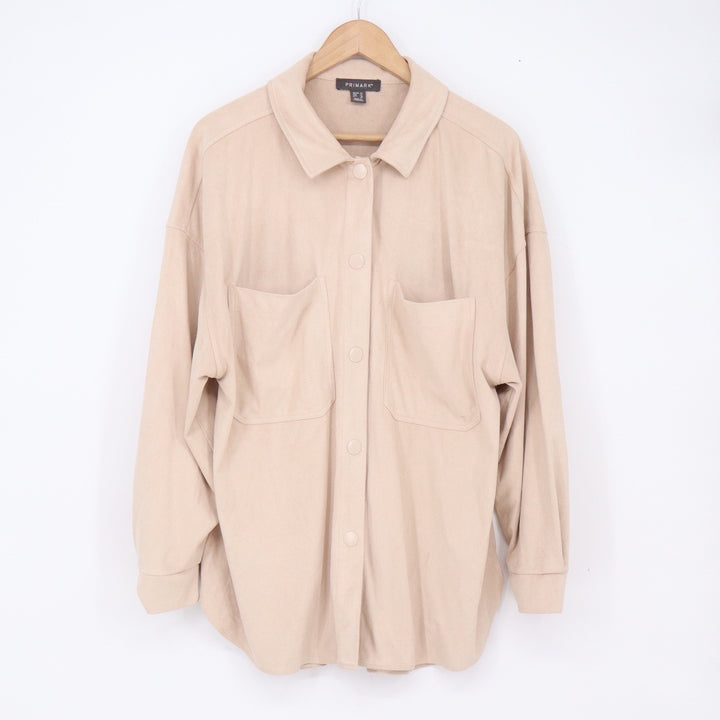 Primark Shacket Women 10 Oversized Beige Faux Suede Button-Down Good