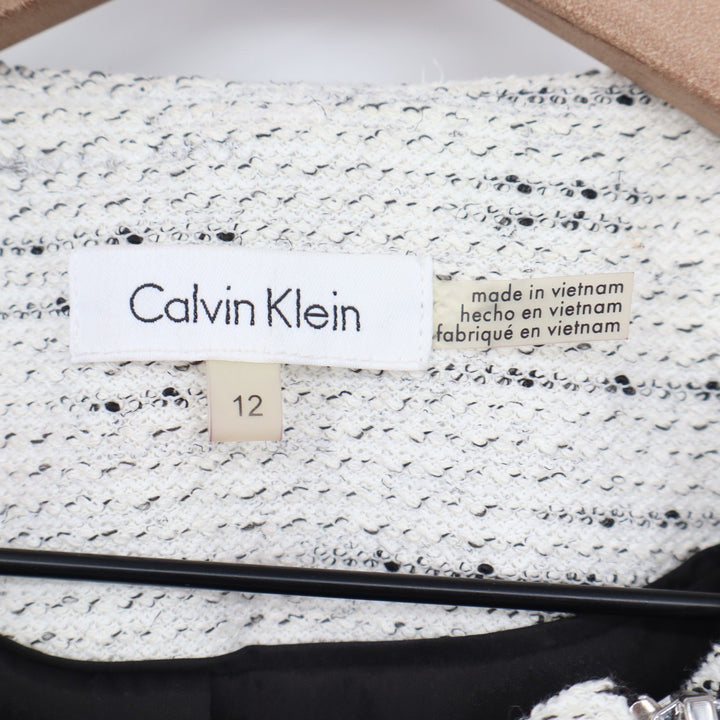 Calvin Klein Womens Black White Tweed Asymmetric Zip Moto Jacket Size 12