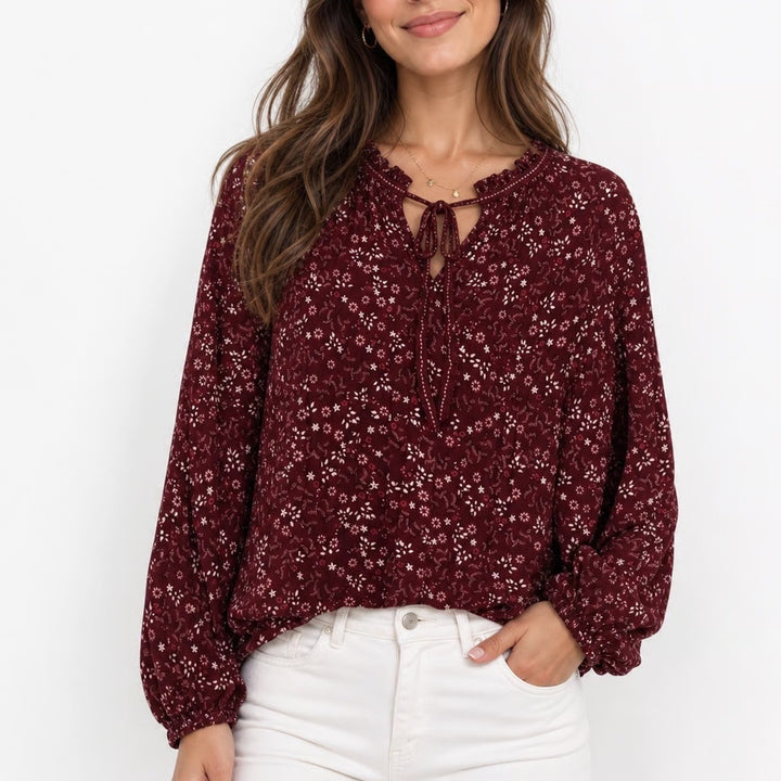 Max Studio Burgundy Floral Smocked Mock Neck Tie Blouse Large