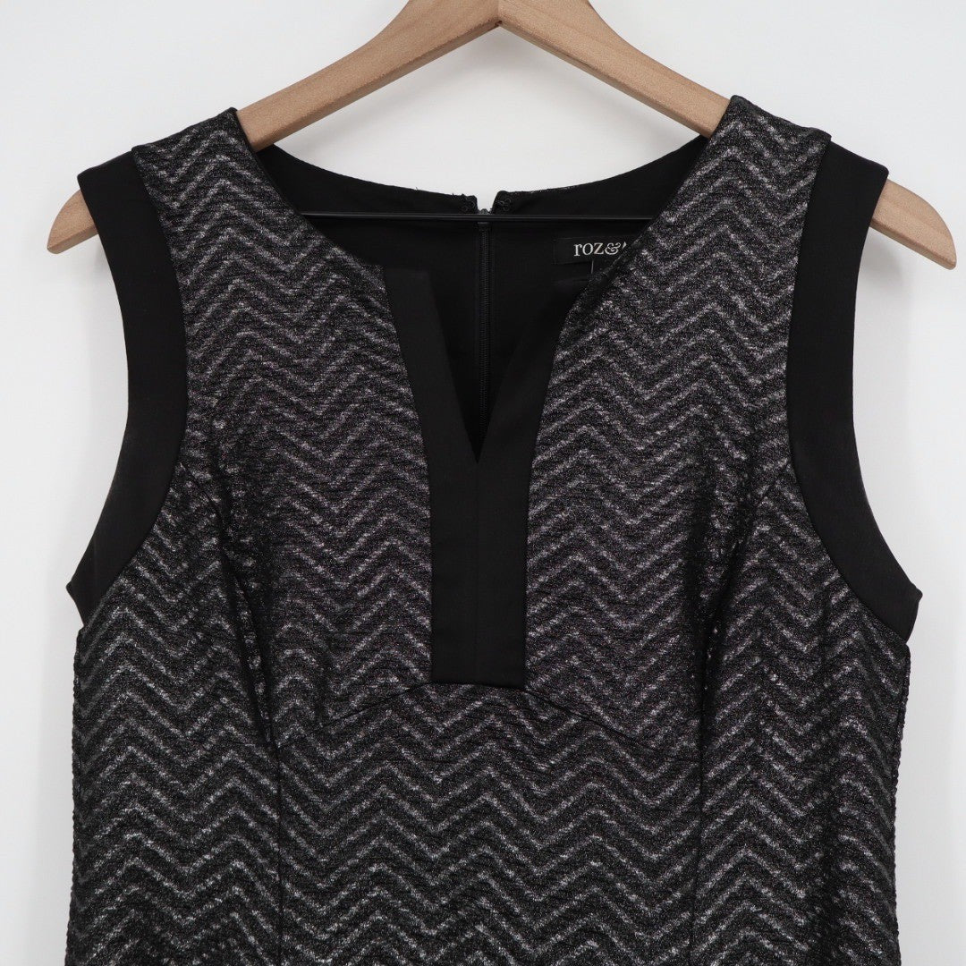 Roz & Ali Petite Black Chevron Sparkle V Neck Sleeveless Sheath Dress 8P