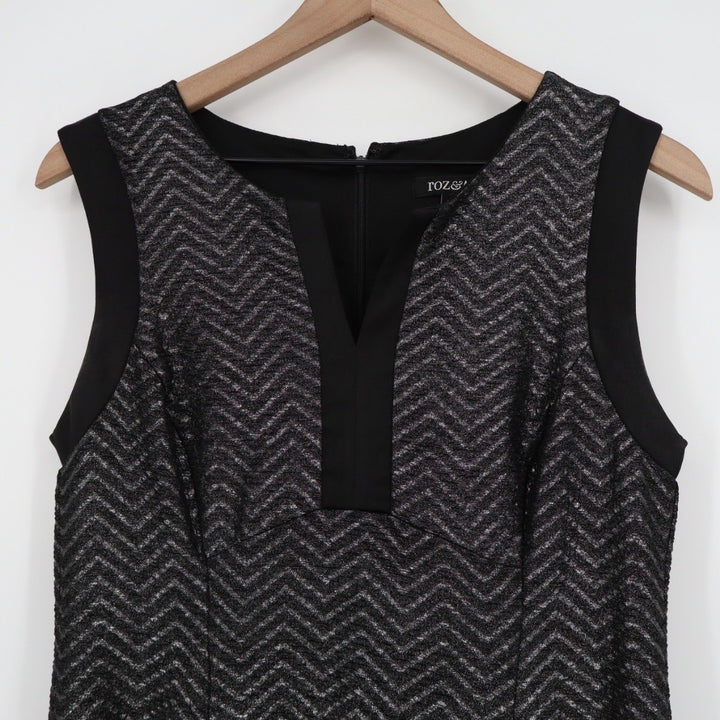 Roz & Ali Petite Black Chevron Sparkle V Neck Sleeveless Sheath Dress 8P