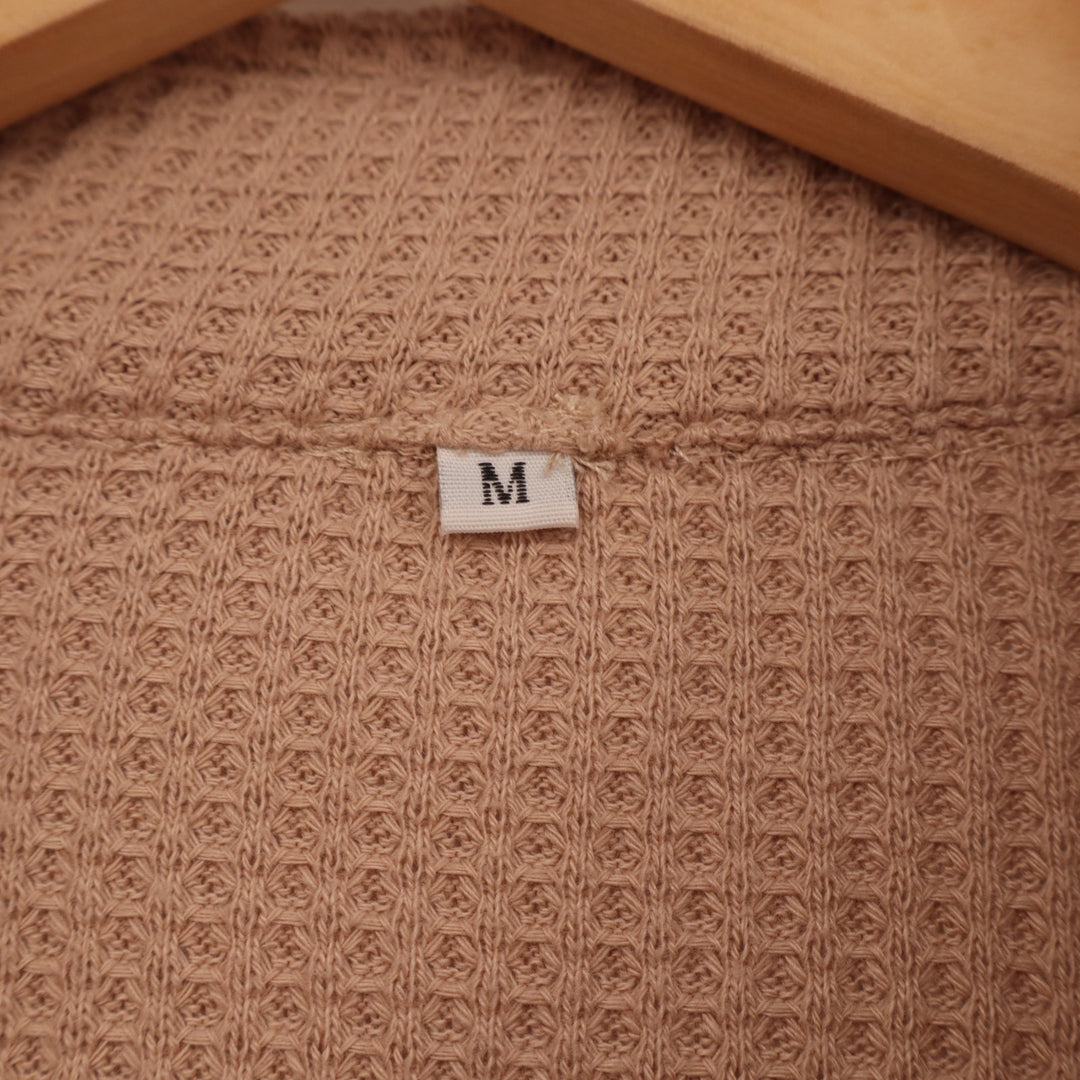 Womens Shacket Medium Beige Waffle Knit Stretch Raw Hem Detail Button Front