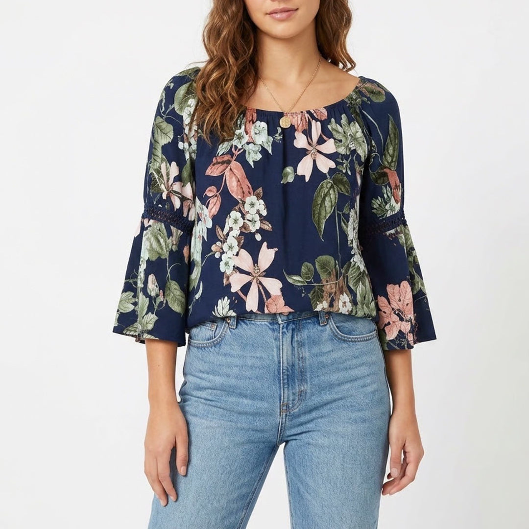 Navy Floral Off the Shoulder Bell Sleeve Boho Blouse with Crochet Lace Trim M