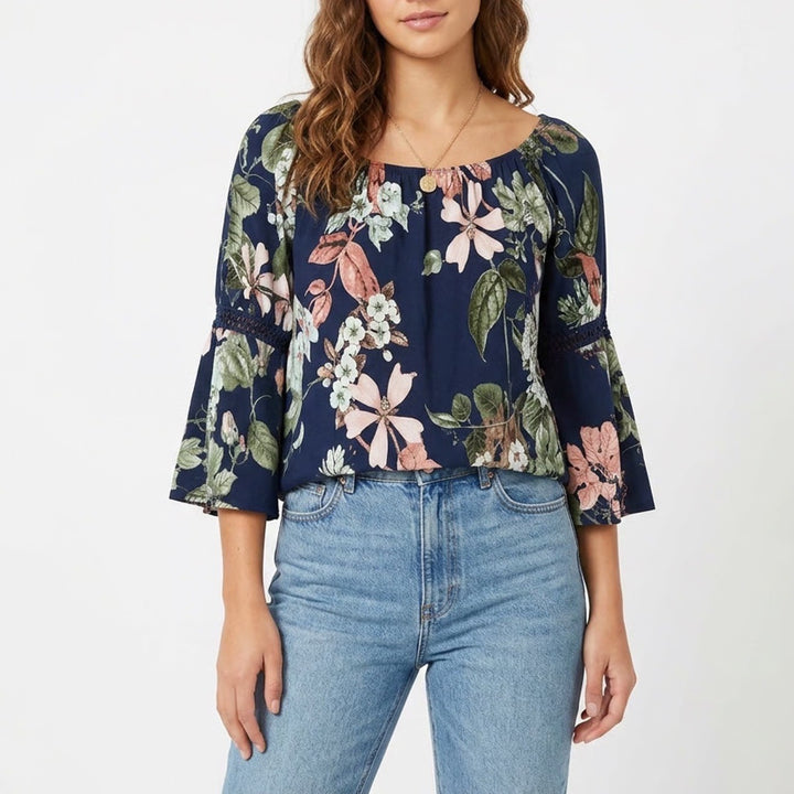 Navy Floral Off the Shoulder Bell Sleeve Boho Blouse with Crochet Lace Trim M