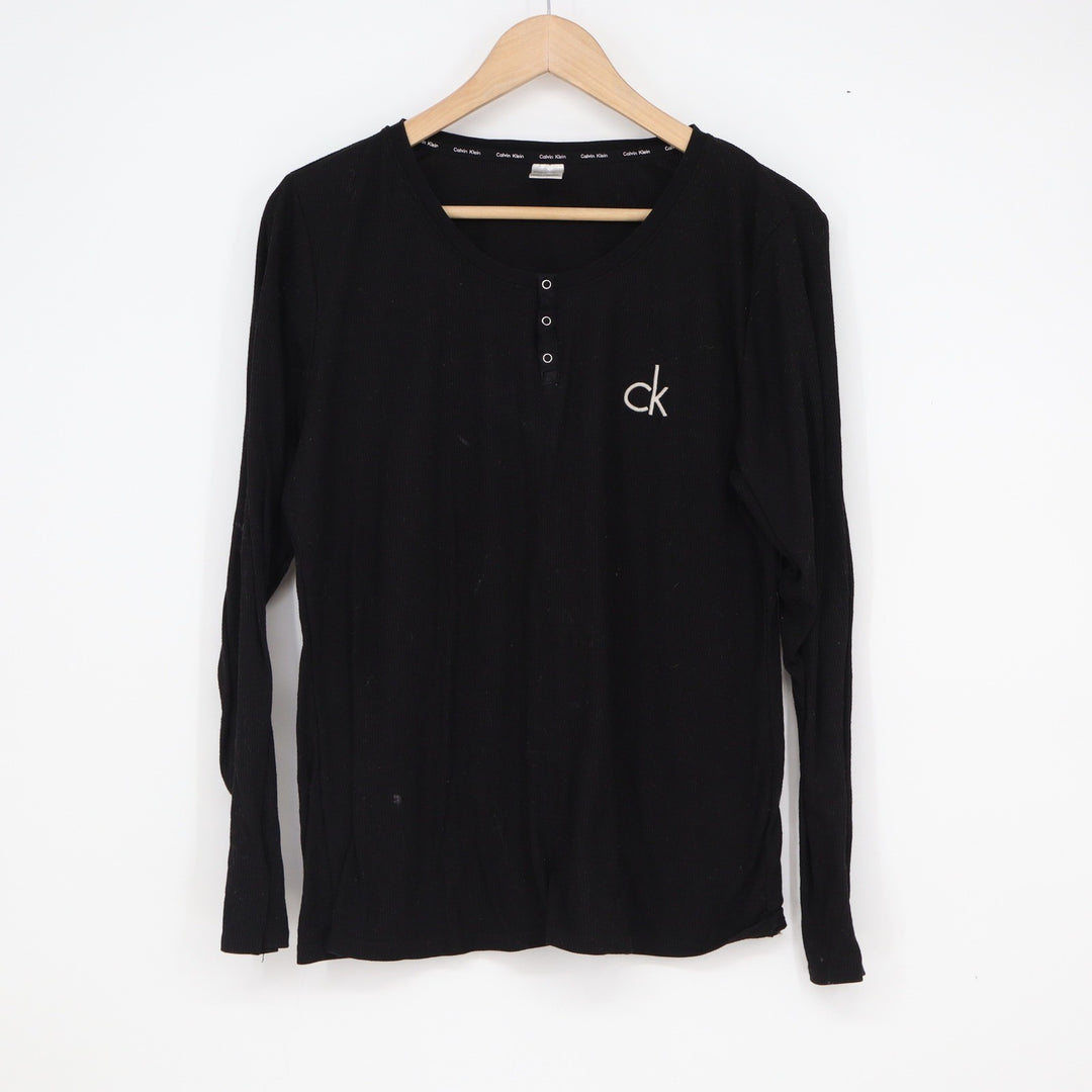 Calvin Klein Sleepwear Mens Large Black Ribbed Henley Long Sleeve Top