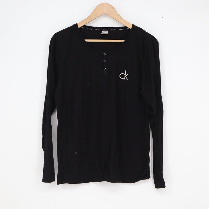 Calvin Klein Sleepwear Mens Large Black Ribbed Henley Long Sleeve Top