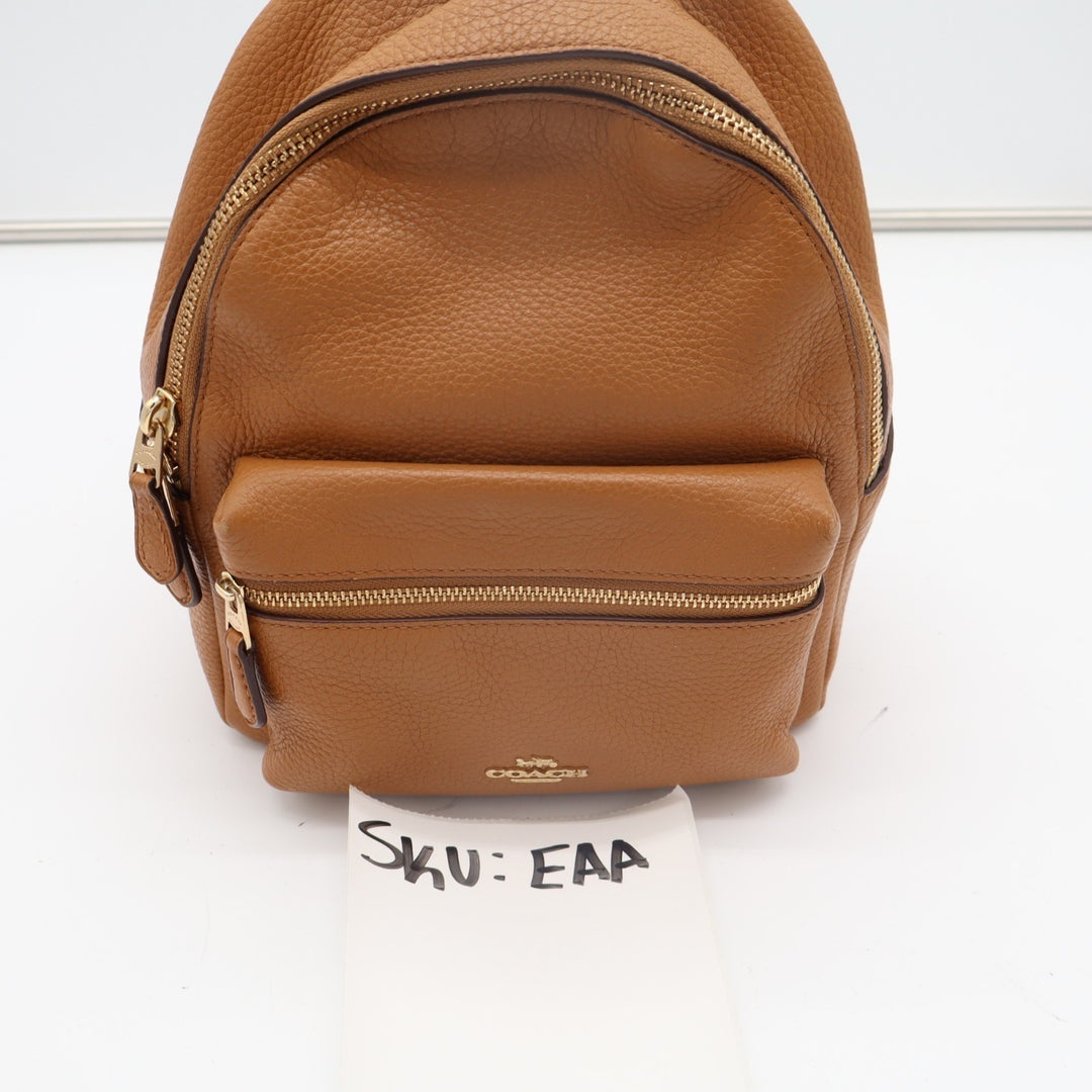 Coach Mini Charlie Womens Backpack Saddle Brown Pebbled Leather Padded Strap Bag