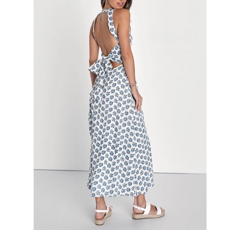 Lulus Flirty Fave Midi Dress Womens XS White Floral Cotton Tie-Back Round Neck
