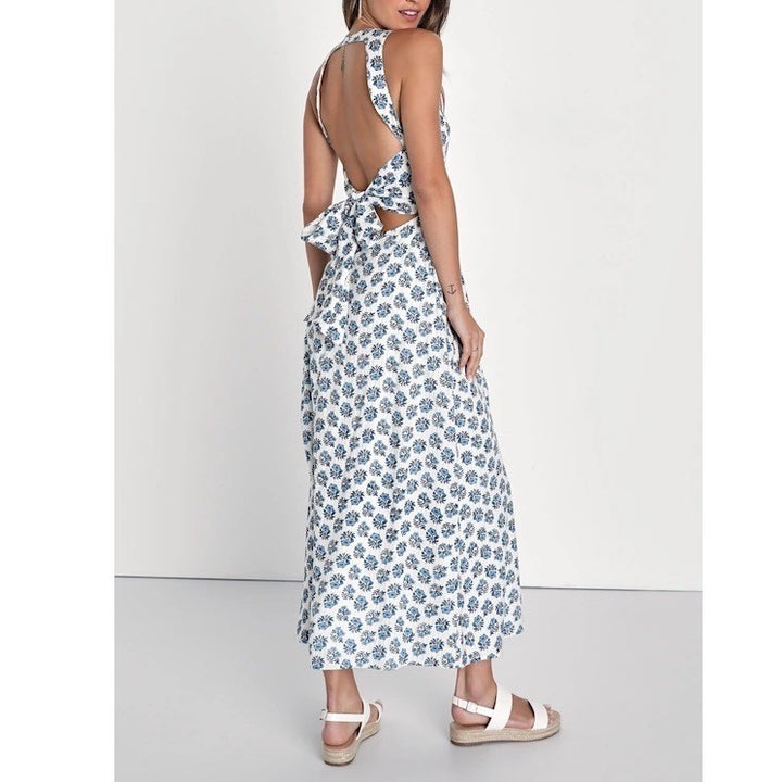 Lulus Flirty Fave Midi Dress Womens XS White Floral Cotton Tie-Back Round Neck