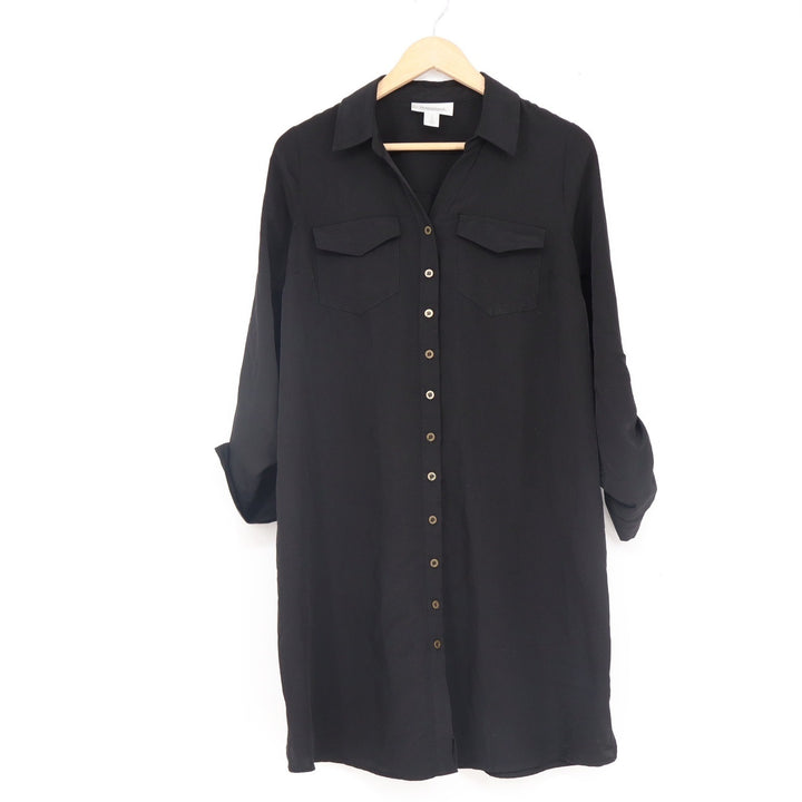 Motherhood Maternity Black Button Down Shirt Dress Roll Tab Sleeve Small
