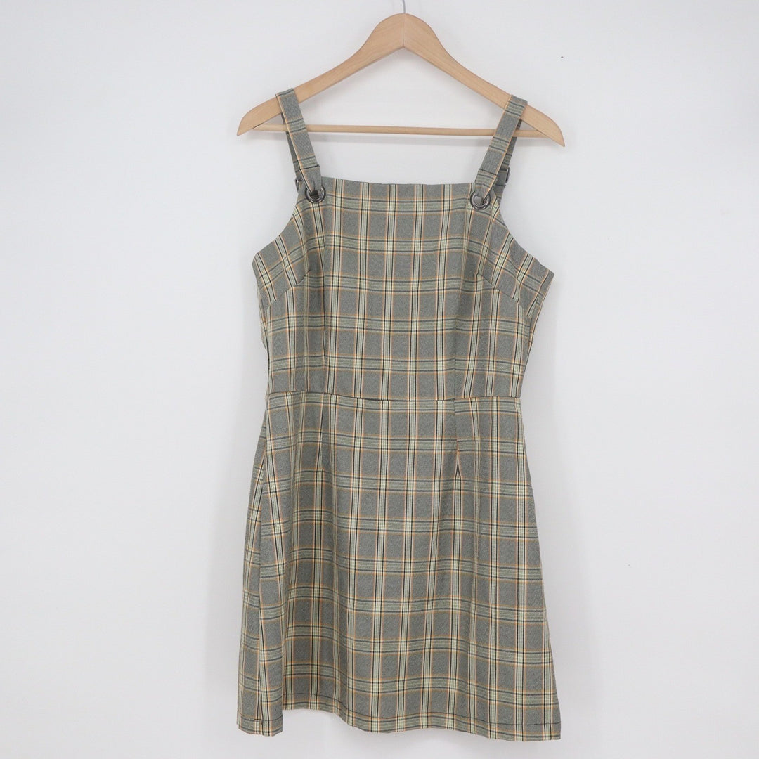 Bebop Grey Plaid Pinafore Mini Dress Overall Straps Grommet Large
