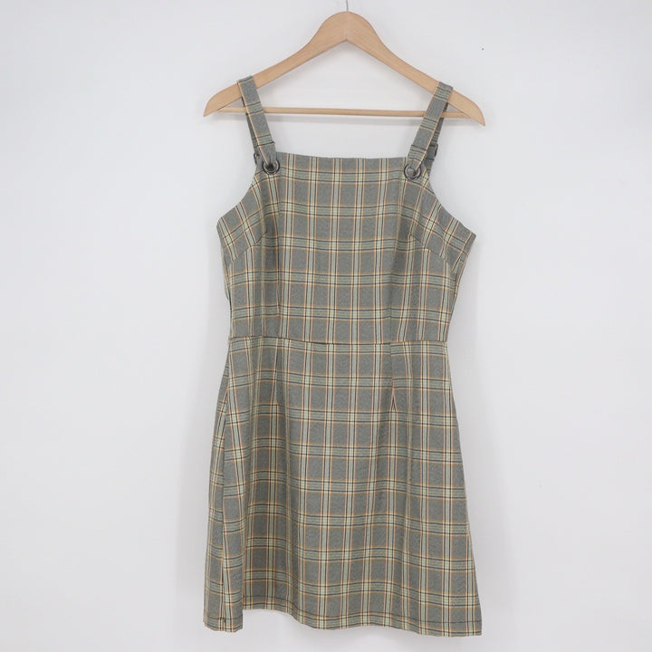 Bebop Grey Plaid Pinafore Mini Dress Overall Straps Grommet Large