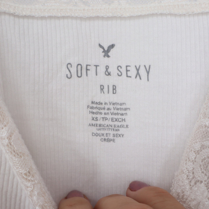 American Eagle Soft Sexy Rib Lace Trim Camisole Cream White XS