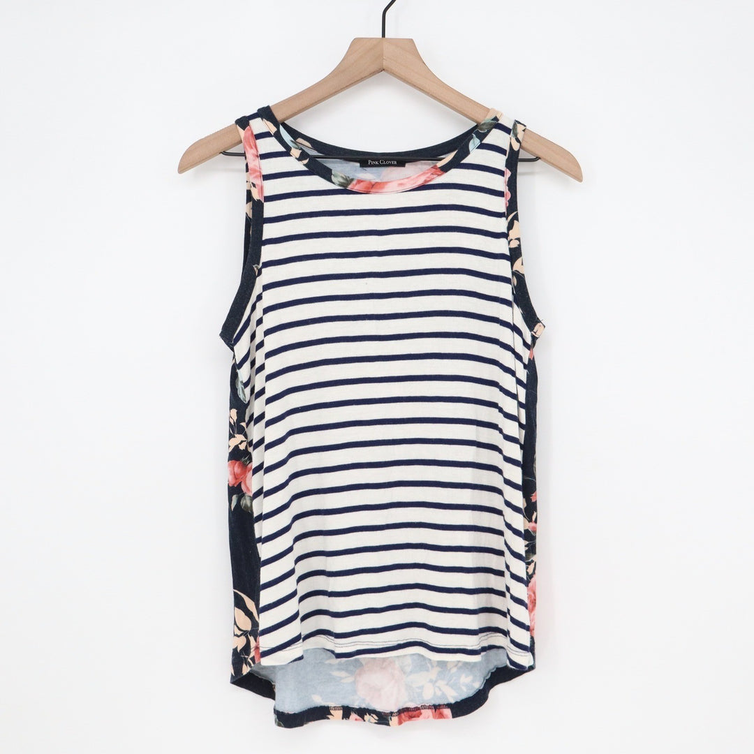 Pink Clover Tank Top Womens S Striped Floral Navy White Mixed Print Excellent