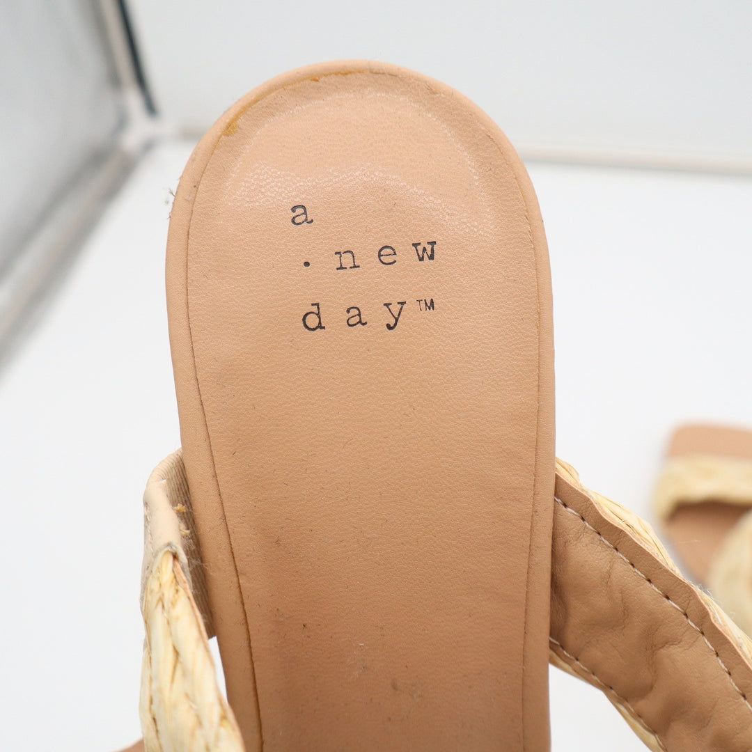 A New Day Braided Raffia Block Heel Mules Beige Square Toe Sandals Womens Size 8