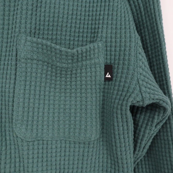 AMERICAN GIANT Waffle Knit Crewneck Pocket Long Sleeve Shirt Green Size S