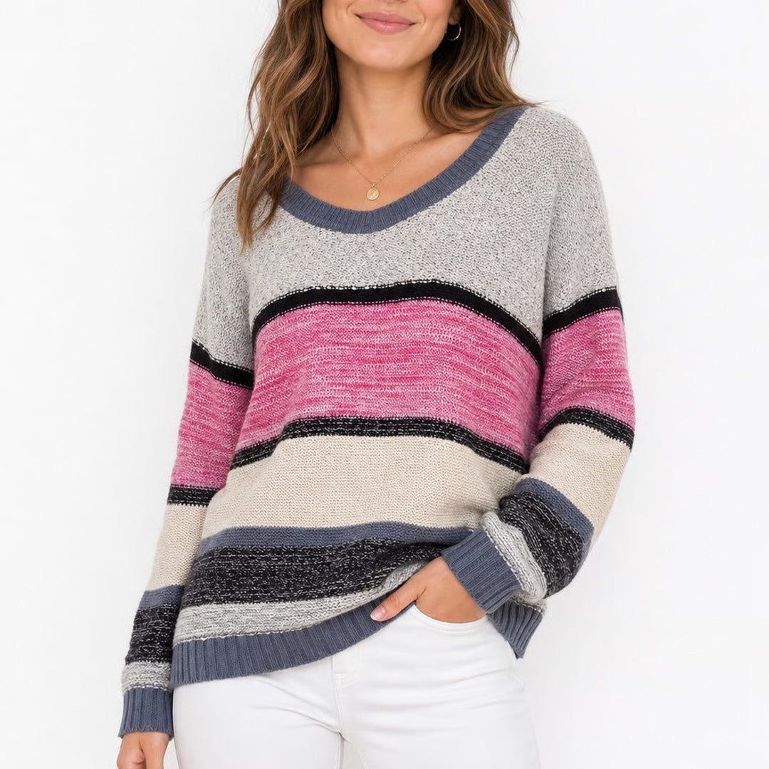 Caslon Womens 3X Striped Knit Sweater Pink Cream Grey Black Scoop Neck