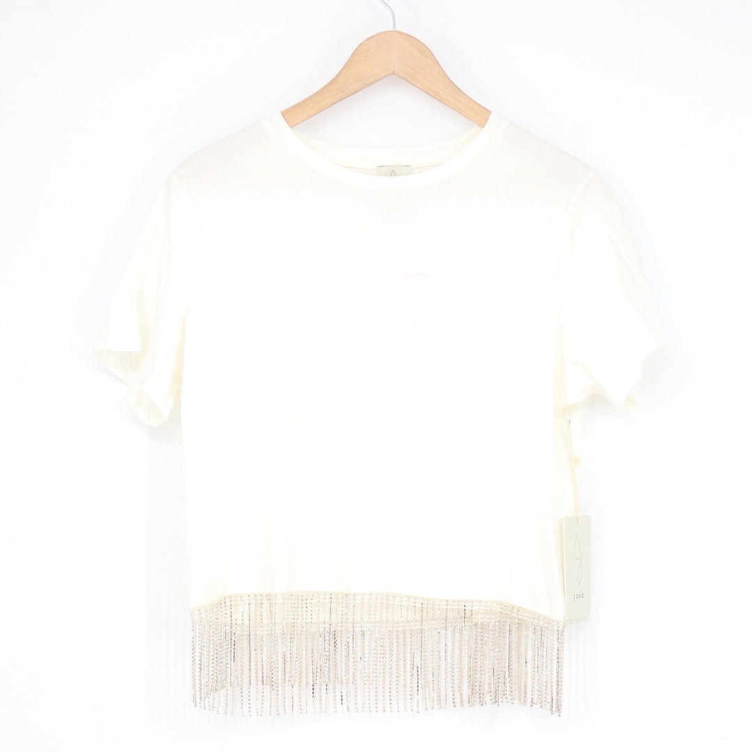 Joie Womens Rhinestone Fringe Cotton T-Shirt Off-White Crew Neck Size M NEW