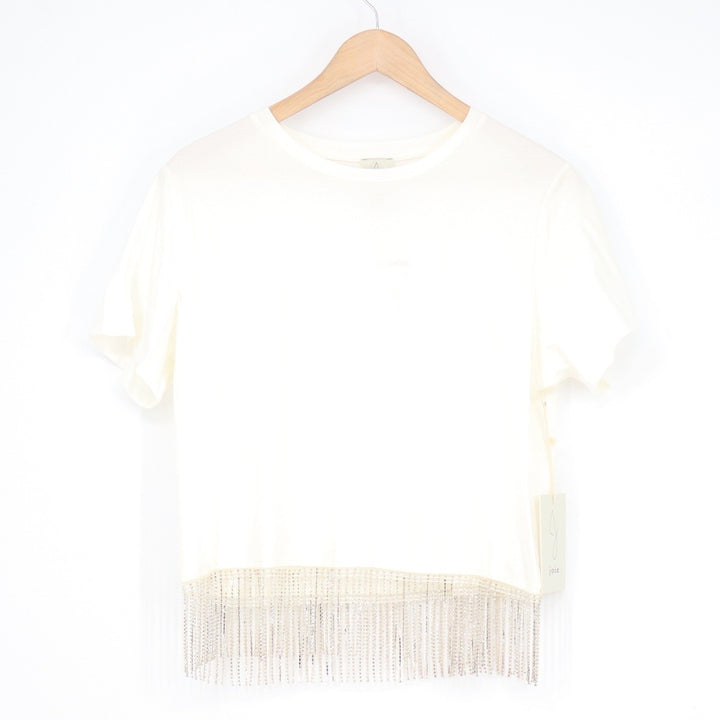 Joie Womens Rhinestone Fringe Cotton T-Shirt Off-White Crew Neck Size M NEW