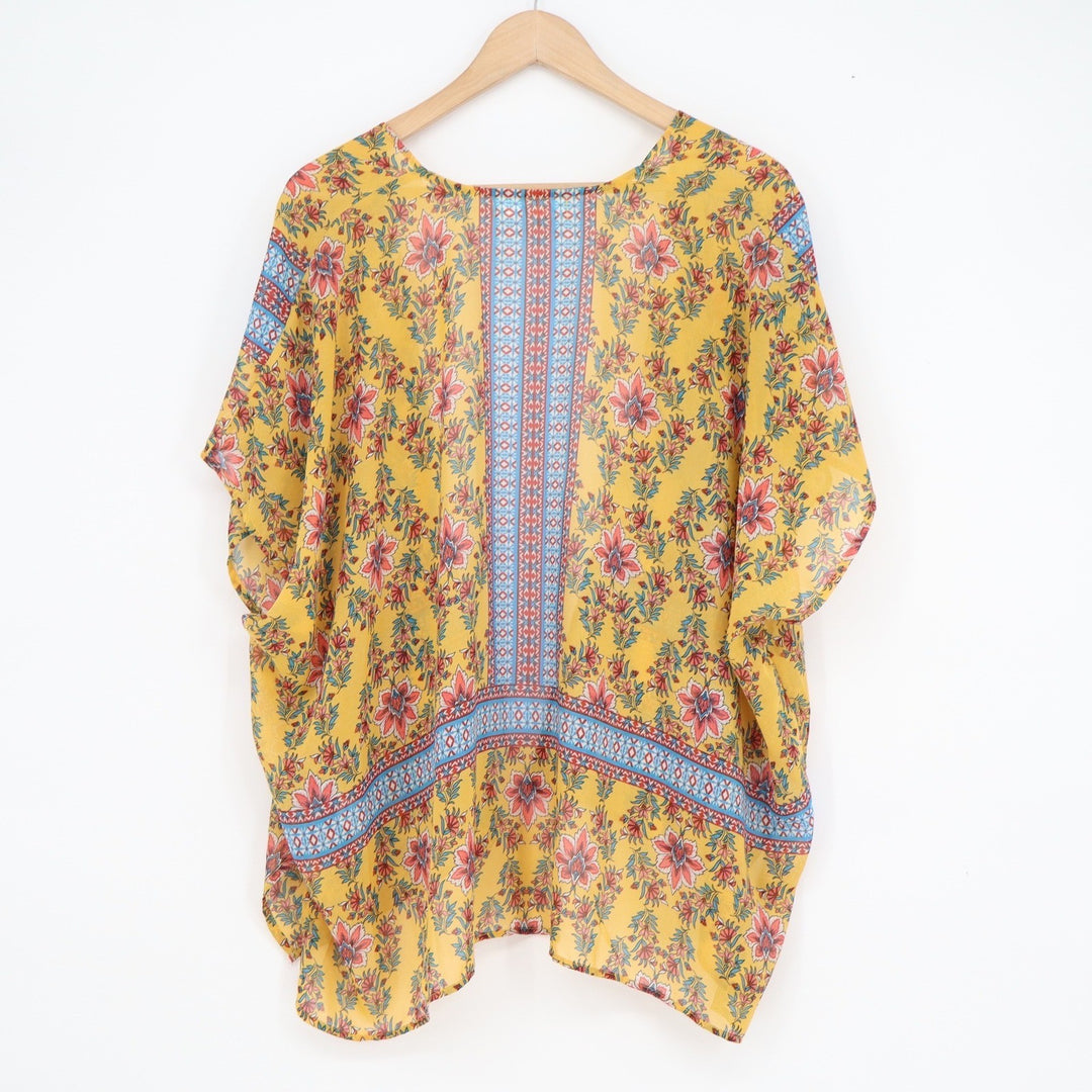 Love Tree Womens Yellow Floral Boho Kimono Wrap Cardigan Size M