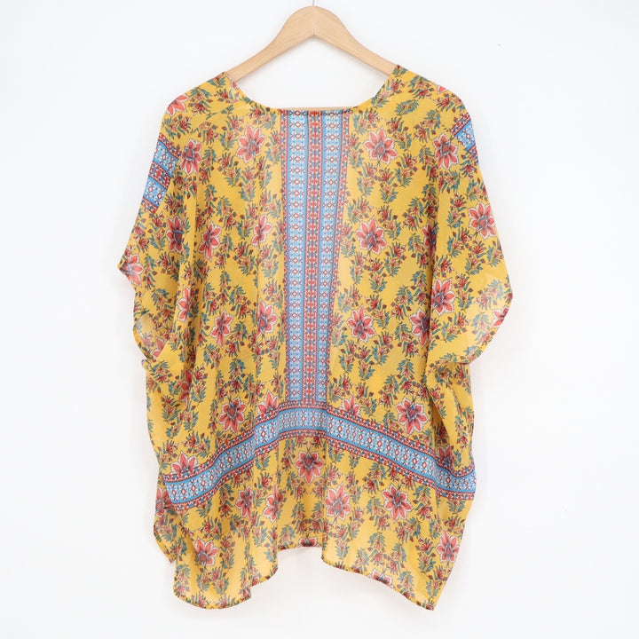 Love Tree Womens Yellow Floral Boho Kimono Wrap Cardigan Size M