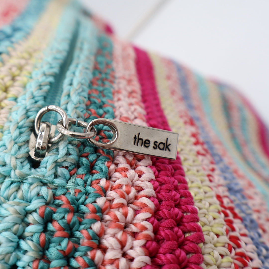 The Sak Crochet Tote Bag Multicolor Striped Floral Applique Shoulder Bag