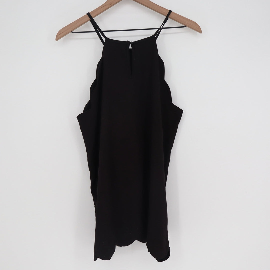 Black Scalloped Halter Top Sleeveless High Neck Keyhole Blouse Large