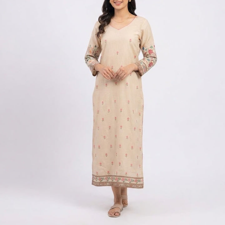 Unbranded Beige Floral Embroidered Kurti Tunic V-Neck Long Sleeve Side Slits