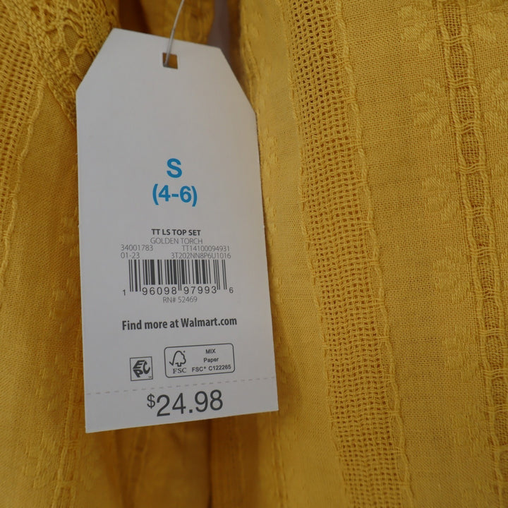 Time and Tru Lace Inset Tunic Top Womens Small(4-6) Yellow Cotton Long Sleeve