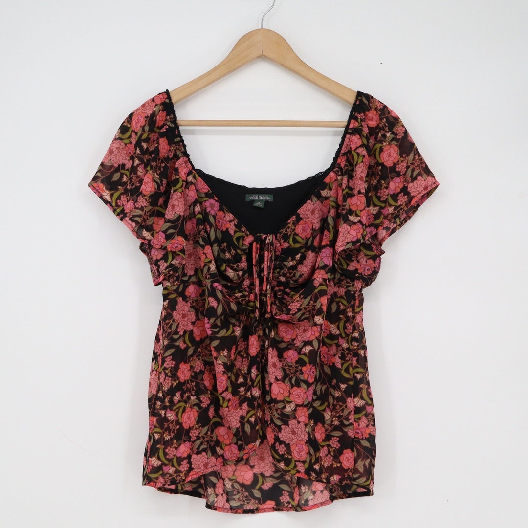 Wild Fable Pink Floral Sweetheart Tie Front Blouse Black Boho Peasant Top Medium