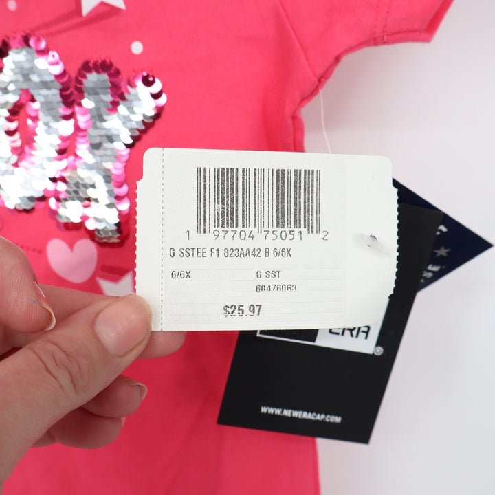 New Era Boston Red Sox Girls Pink Sequin Graphic V-Neck T-Shirt Size 6/6X