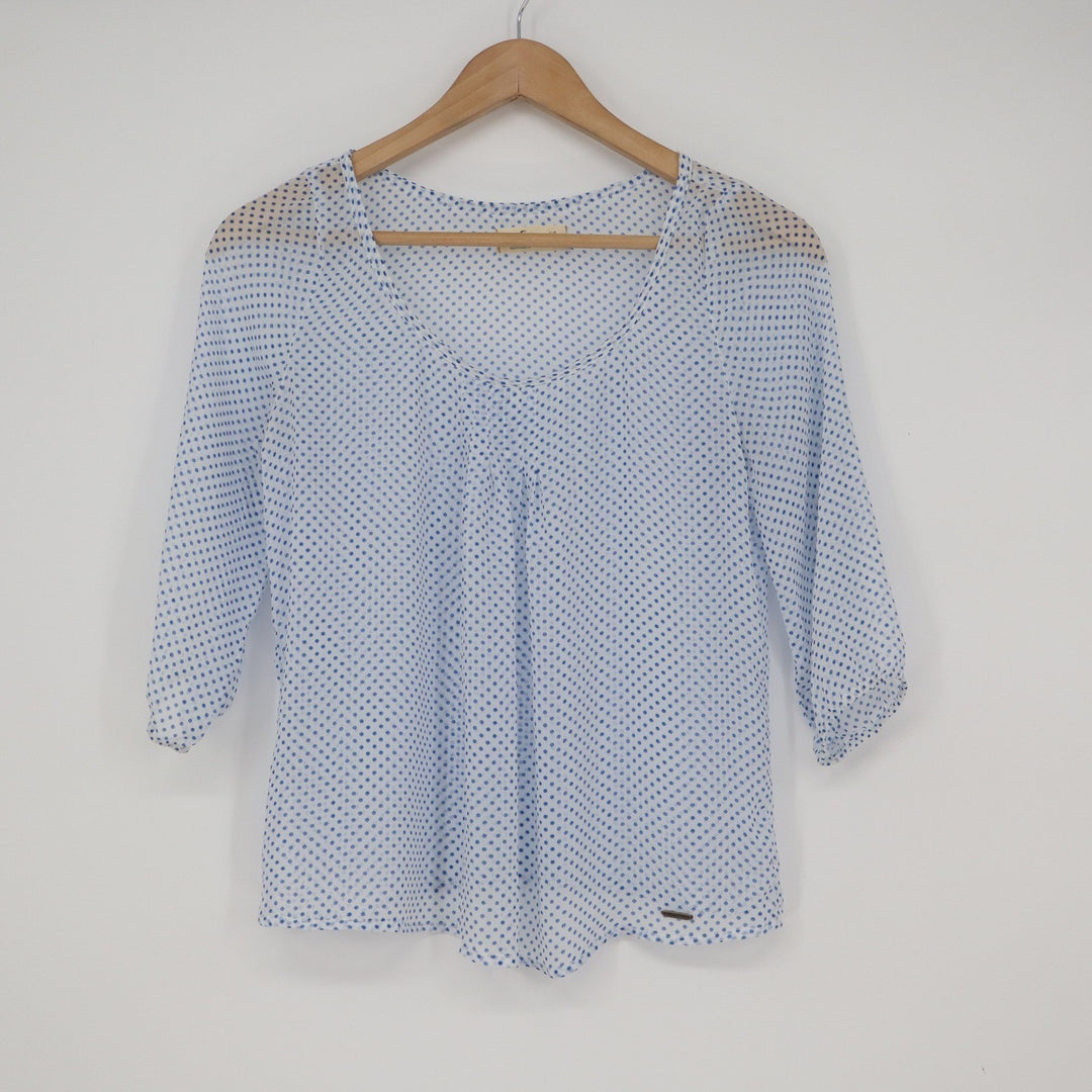 Hollister Blue White Polka Dot V-Neck 3/4 Sleeve Blouse Top XS