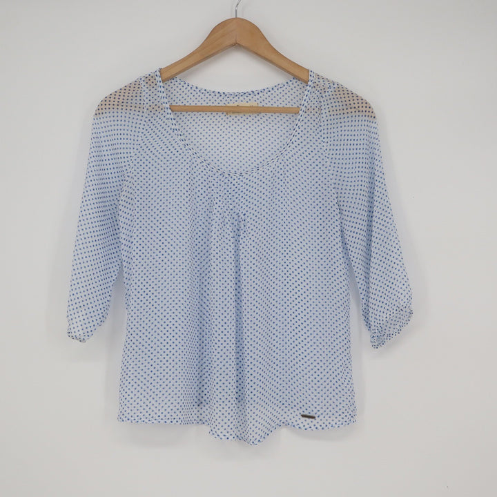 Hollister Blue White Polka Dot V-Neck 3/4 Sleeve Blouse Top XS