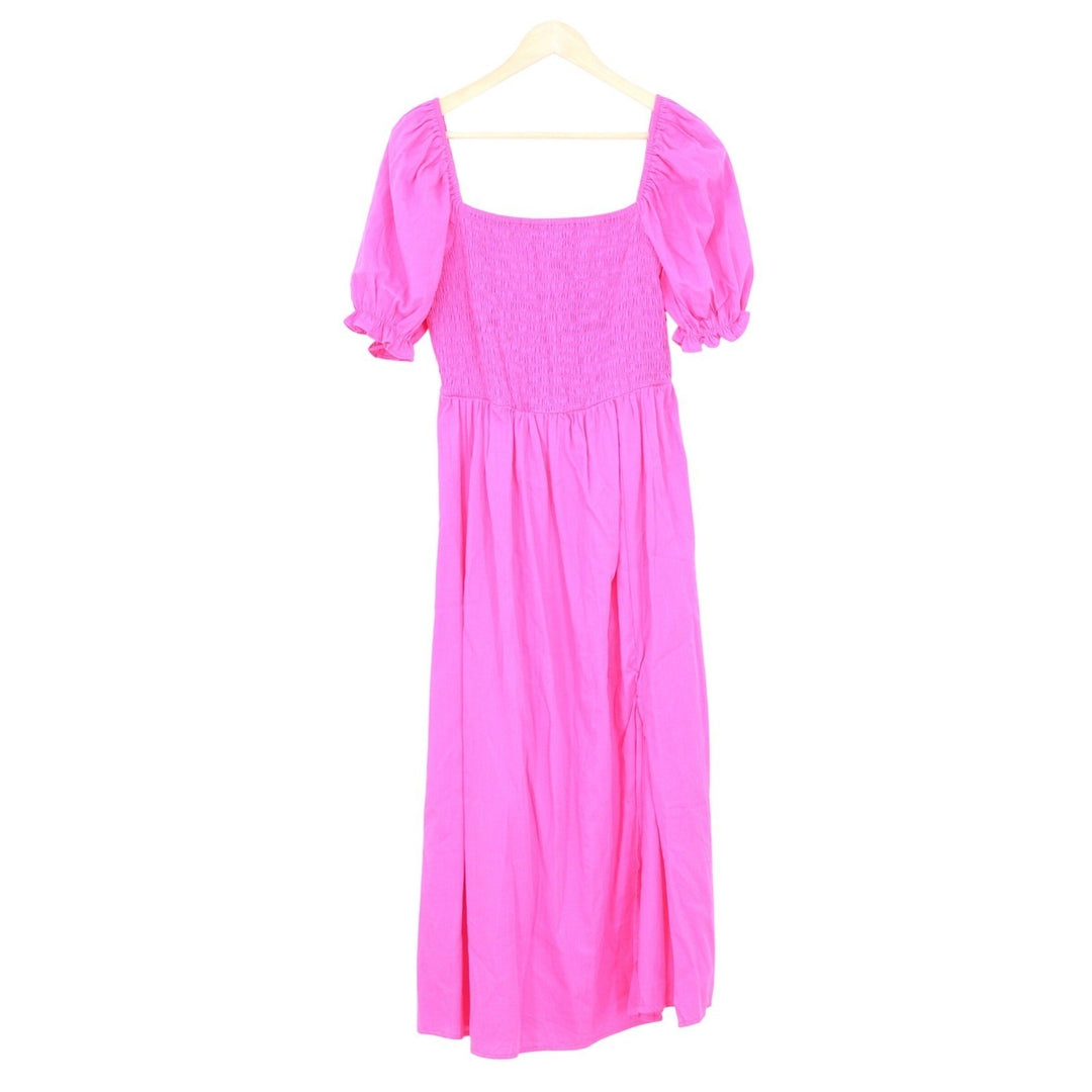 Rose Red Cotton Smocked Maxi Dress Puff Sleeve Square Neck M4K028 Size L