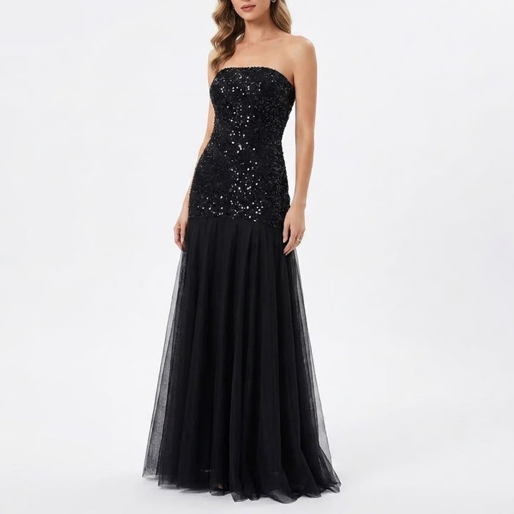 Alexia Admor Black Strapless Sequin Tulle Midi Dress Womens Size M Made in NYC